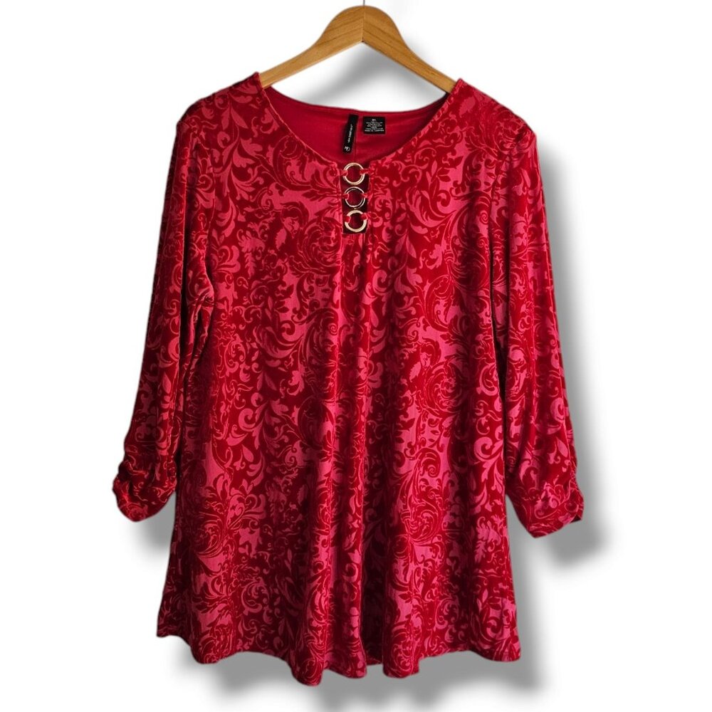 New Directions Red Velvet Burnout‎ Tunic Top Size XL Gold Rings Valentine's Day